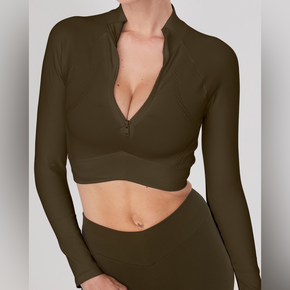 Joja Exhale Olive Green Half Zip-Up Crop Top